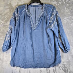RD Koko Blouse XL Blue Lightweight Embroidered V Neck Peasant Boho Festival